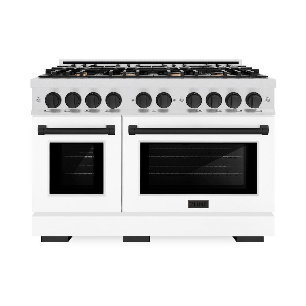 ZLINE Autograph Edition 48 in. 6.7 cu. ft. Select Double Oven Dual Fuel Range with 8 Burner Gas Cooktop in DuraSnow® Stainless Steel with White Matte Doors and Matte Black Accents (HDRSZ-WM-4 HDRSZWM48MB