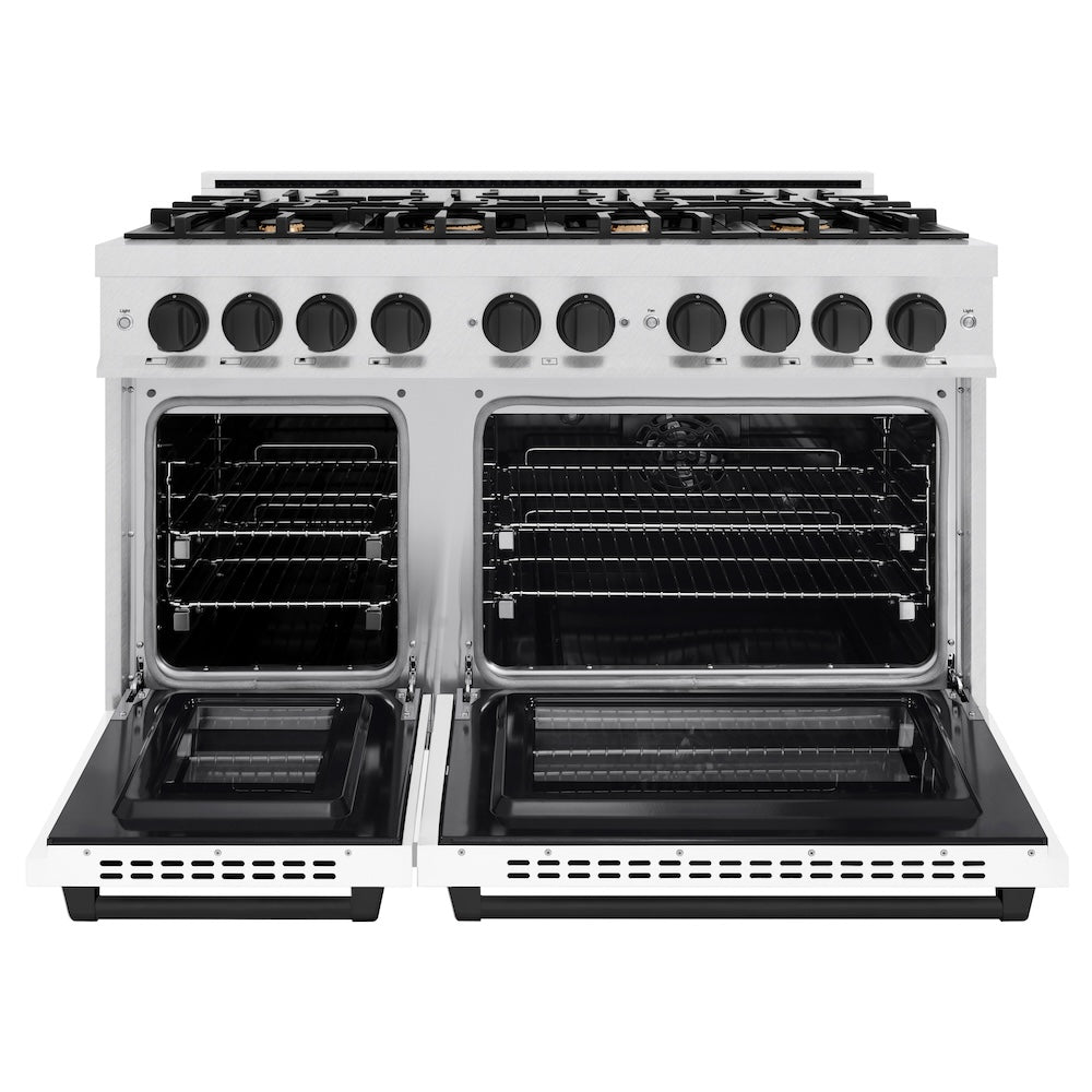 ZLINE Autograph Edition 48 in. 6.7 cu. ft. Select Double Oven Dual Fuel Range with 8 Burner Gas Cooktop in DuraSnow® Stainless Steel with White Matte Doors and Matte Black Accents (HDRSZ-WM-4 HDRSZWM48MB