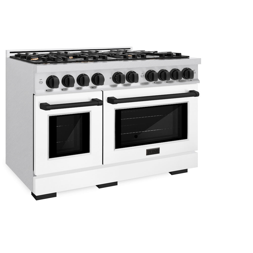 ZLINE Autograph Edition 48 in. 6.7 cu. ft. Select Double Oven Dual Fuel Range with 8 Burner Gas Cooktop in DuraSnow® Stainless Steel with White Matte Doors and Matte Black Accents (HDRSZ-WM-4 HDRSZWM48MB