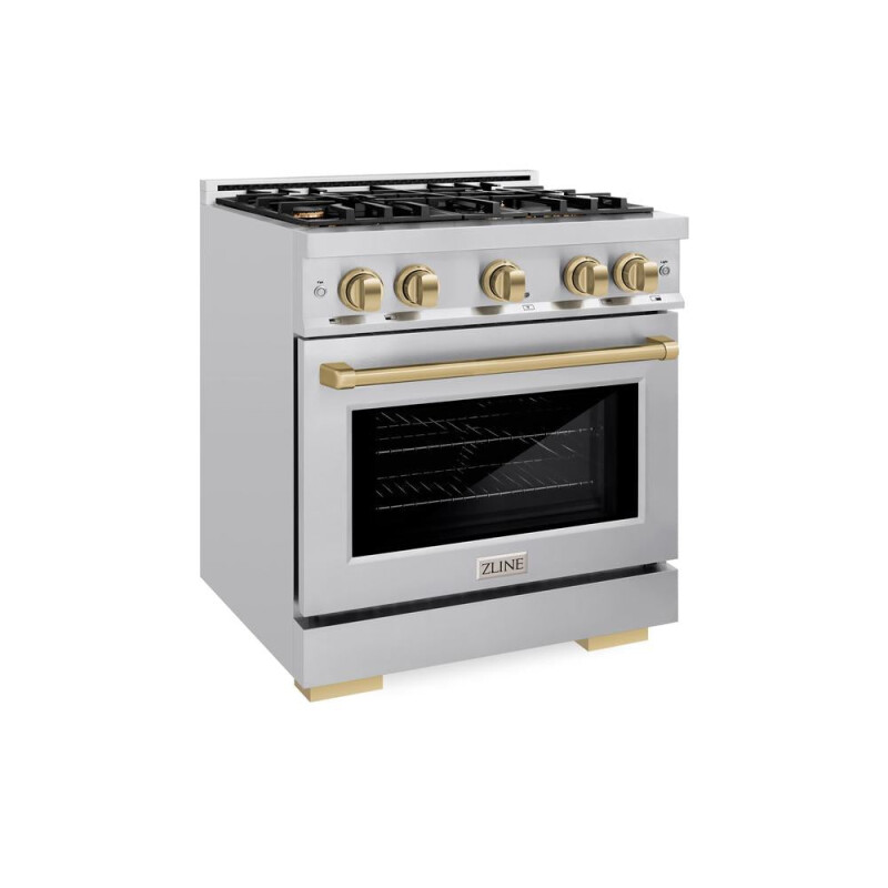 ZLINE Autograph Edition 30 in. 4.2 cu. ft. Select Dual Fuel Range with 4 Burner Gas Cooktop and Electric Convection Oven in Stainless Steel with Champagne Bronze Accents (HDRZ-30-CB) HDRZ30CB