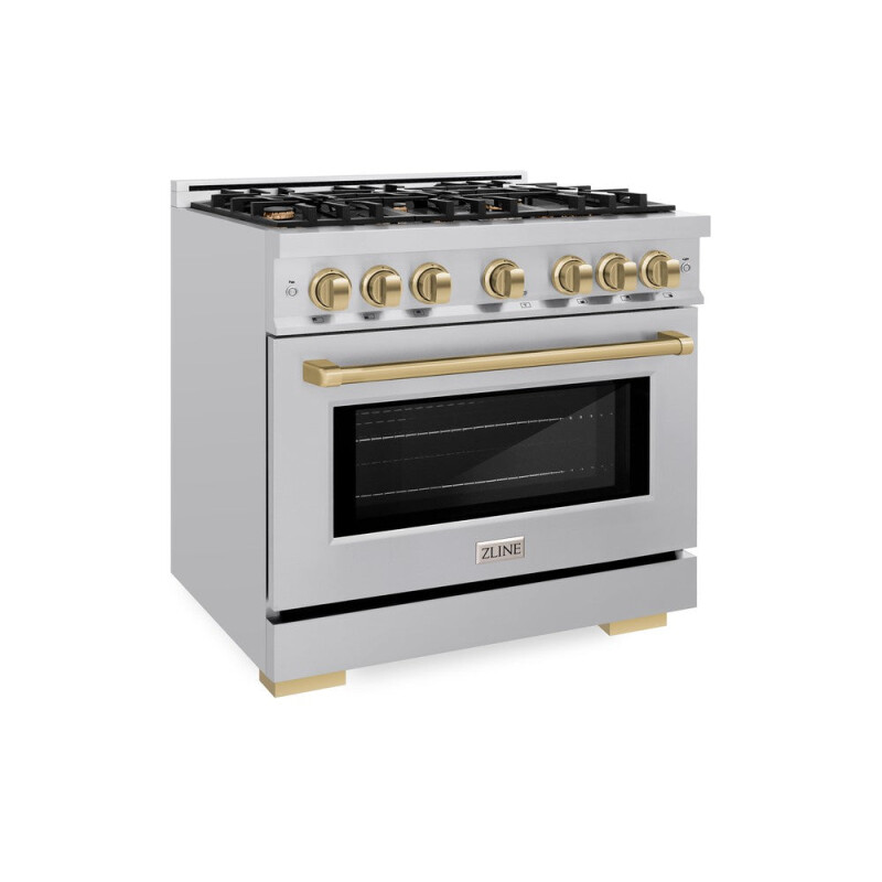 ZLINE Autograph Edition 36 in. 5.2 cu. ft. Select Dual Fuel Range with 6 Burner Gas Cooktop and Electric Convection Oven in Stainless Steel with Champagne Bronze Accents (HDRZ-36-CB) HDRZ36CB
