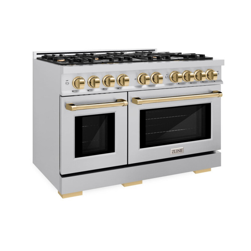 ZLINE Autograph Edition 48 in. 6.7 cu. ft. Select Double Oven Dual Fuel Range with 8 Burner Gas Cooktop in Stainless Steel and Polished Gold Accents (HDRZ-48-G) HDRZ48G