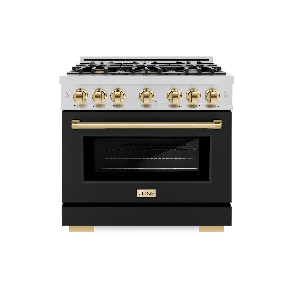 ZLINE Autograph Edition 36 in. 5.2 cu. ft. Select Dual Fuel Range with 6 Burner Gas Cooktop and Electric Convection Oven in Stainless Steel with Black Matte Door and Polished Gold Accents (HD HDRZBLM36G