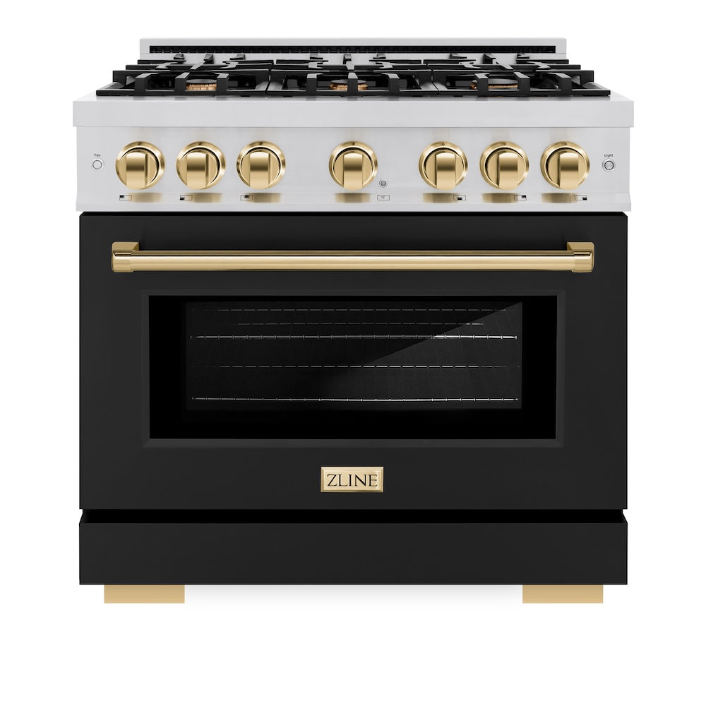 ZLINE Autograph Edition 36 in. 5.2 cu. ft. Select Dual Fuel Range with 6 Burner Gas Cooktop and Electric Convection Oven in Stainless Steel with Black Matte Door and Polished Gold Accents (HD HDRZBLM36G