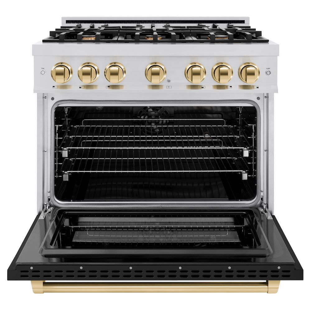 ZLINE Autograph Edition 36 in. 5.2 cu. ft. Select Dual Fuel Range with 6 Burner Gas Cooktop and Electric Convection Oven in Stainless Steel with Black Matte Door and Polished Gold Accents (HD HDRZBLM36G