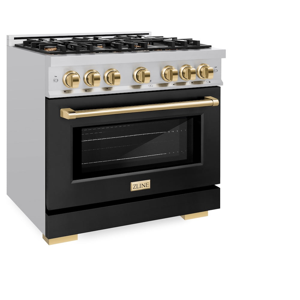 ZLINE Autograph Edition 36 in. 5.2 cu. ft. Select Dual Fuel Range with 6 Burner Gas Cooktop and Electric Convection Oven in Stainless Steel with Black Matte Door and Polished Gold Accents (HD HDRZBLM36G