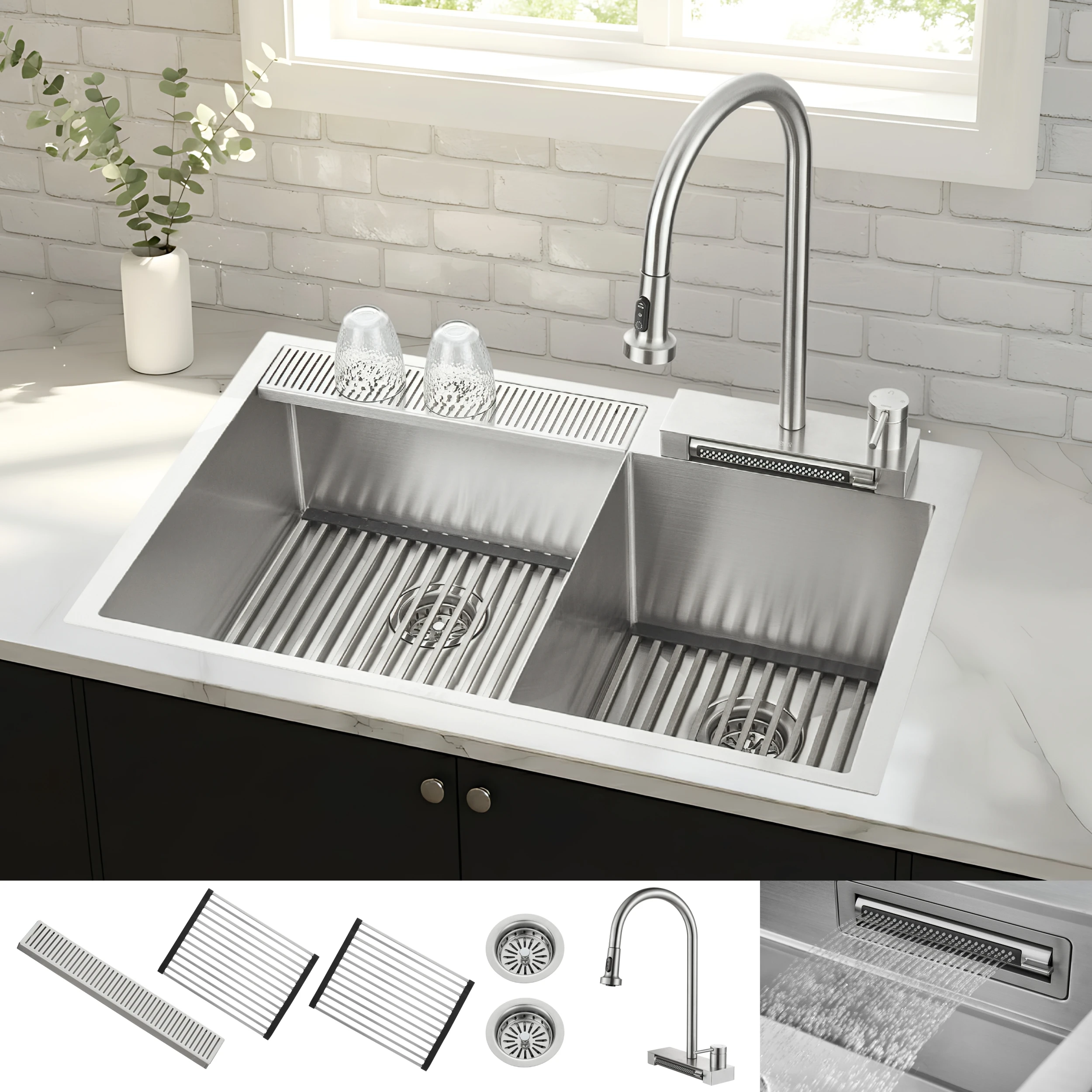 ACQUA 33 in. Drop-In/Undermount 40/60 Double Bowl Stainless Steel Sink with Waterfall Faucet HXN30