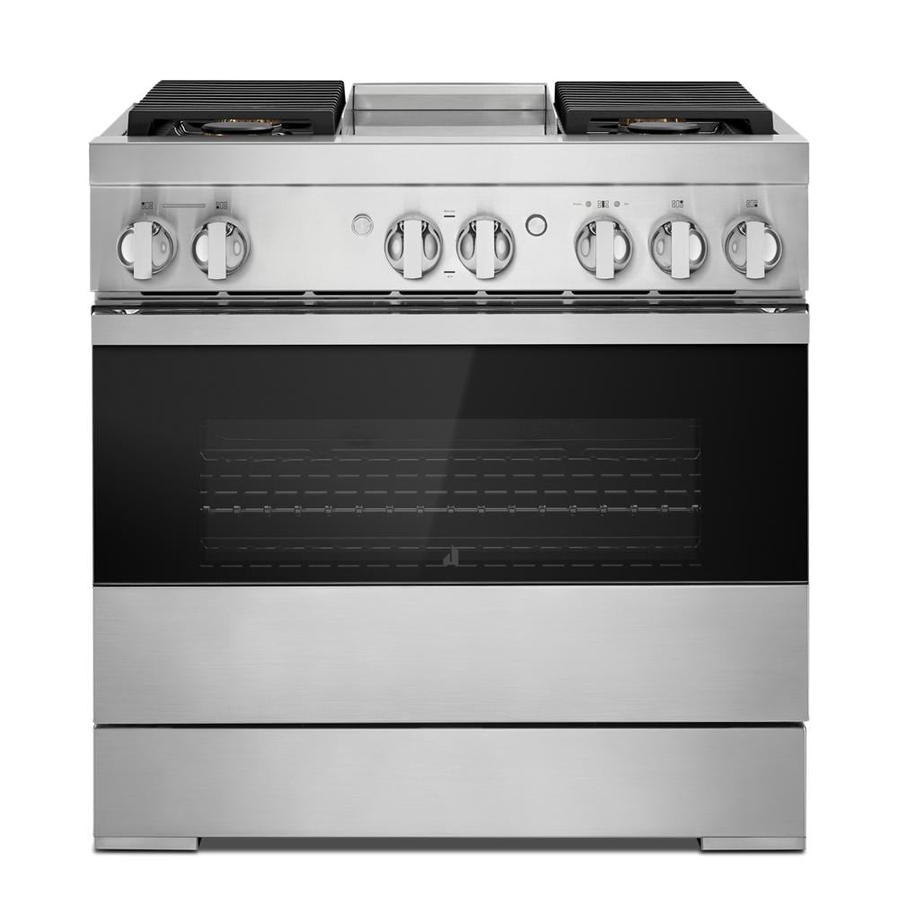 JennAir NOIR™ 36" Dual-Fuel Professional Range with Chrome-Infused Griddle Floating Glass Black JDRP536HM Picture 1