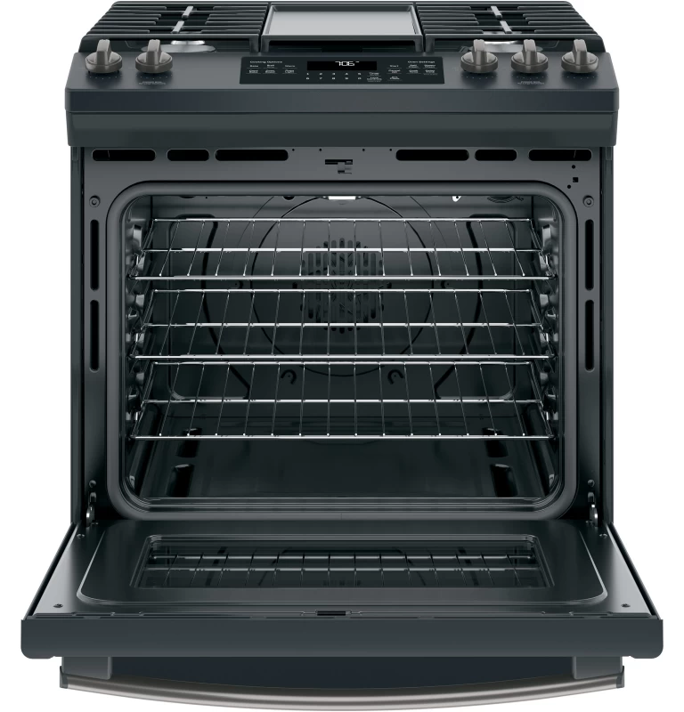 GE 30" Slide-In Front-Control Convection Gas Range Black Slate JGS760FELDS Picture 1