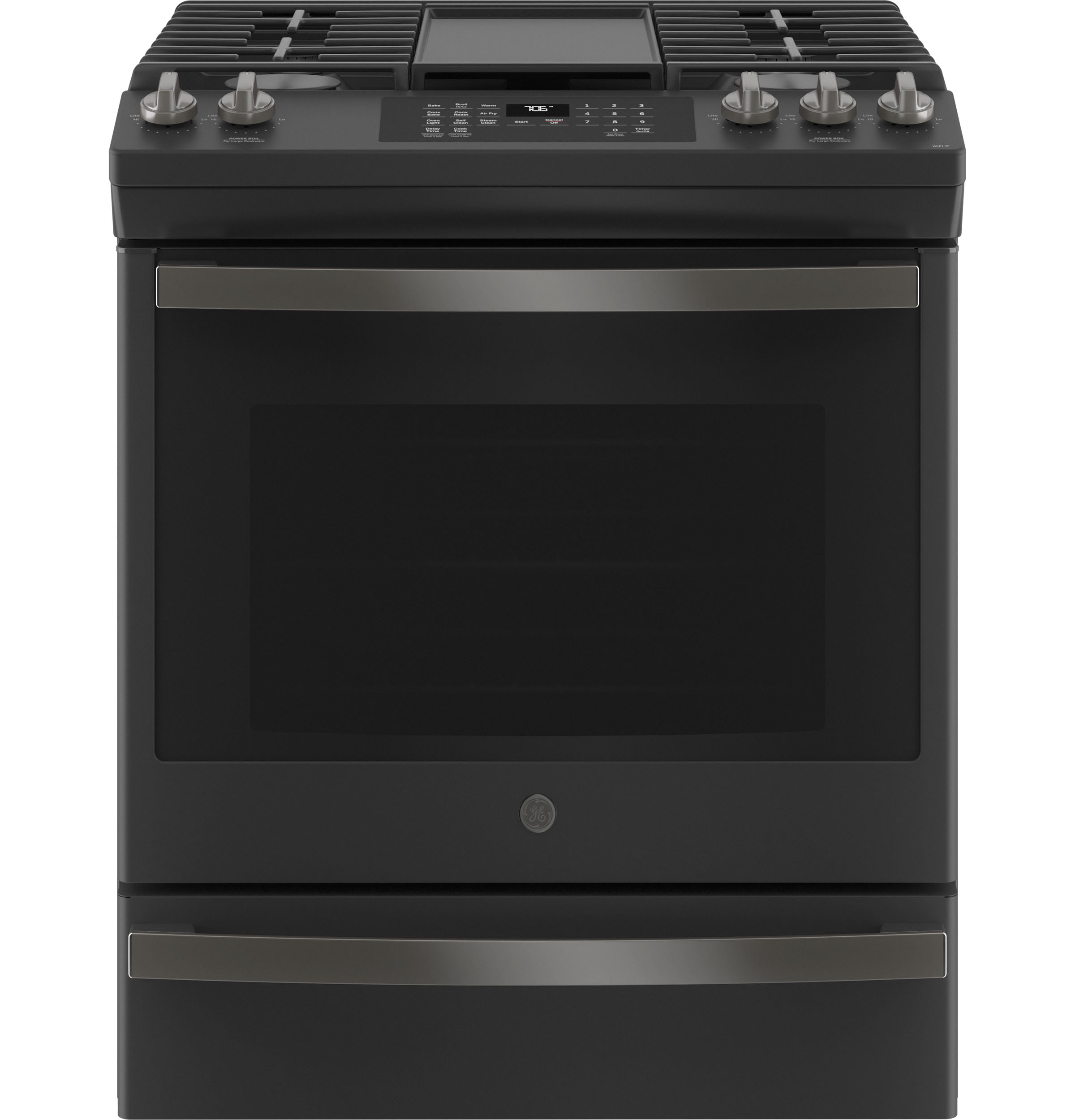 GE 30" Slide-In Front-Control Convection Gas Range with No Preheat Air Fry Black Slate JGS760FPDS Picture 1