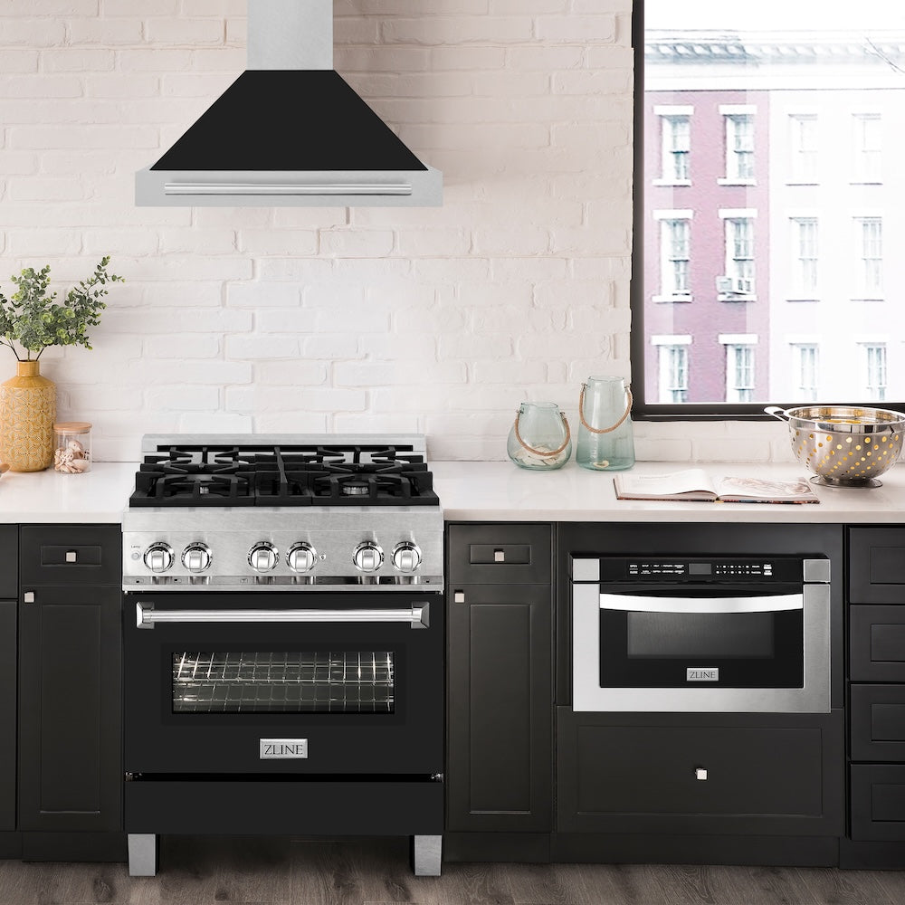 30in. Convertible Fingerprint Resistant DuraSnow Stainless Steel Range Hood with Black Matte Shell and Stainless Steel Handle KB4SNXBLM30