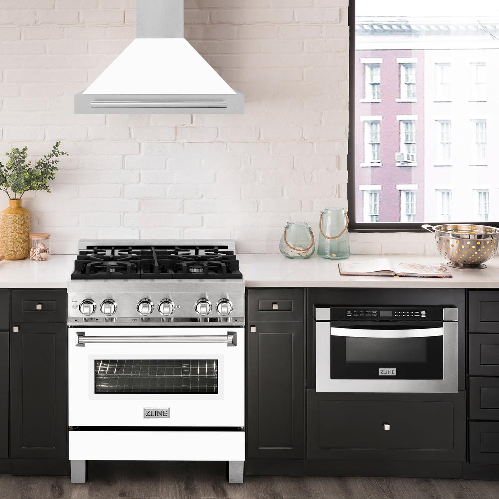 30in. Convertible Fingerprint Resistant DuraSnow Stainless Steel Range Hood with White Matte Shell and Stainless Steel Handle KB4SNXWM30