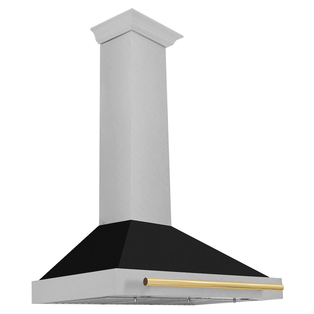 36in. Autograph Edition Convertible Fingerprint Resistant DuraSnow Stainless Steel Range Hood with Black Matte Shell and Polished Gold Handle KB4SNZBLM36G