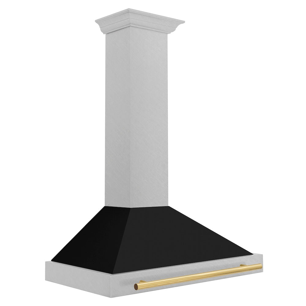36in. Autograph Edition Convertible Fingerprint Resistant DuraSnow Stainless Steel Range Hood with Black Matte Shell and Polished Gold Handle KB4SNZBLM36G
