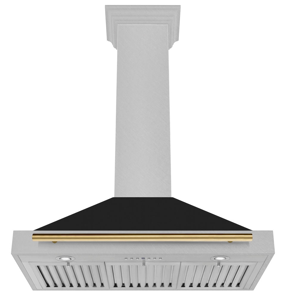 36in. Autograph Edition Convertible Fingerprint Resistant DuraSnow Stainless Steel Range Hood with Black Matte Shell and Polished Gold Handle KB4SNZBLM36G