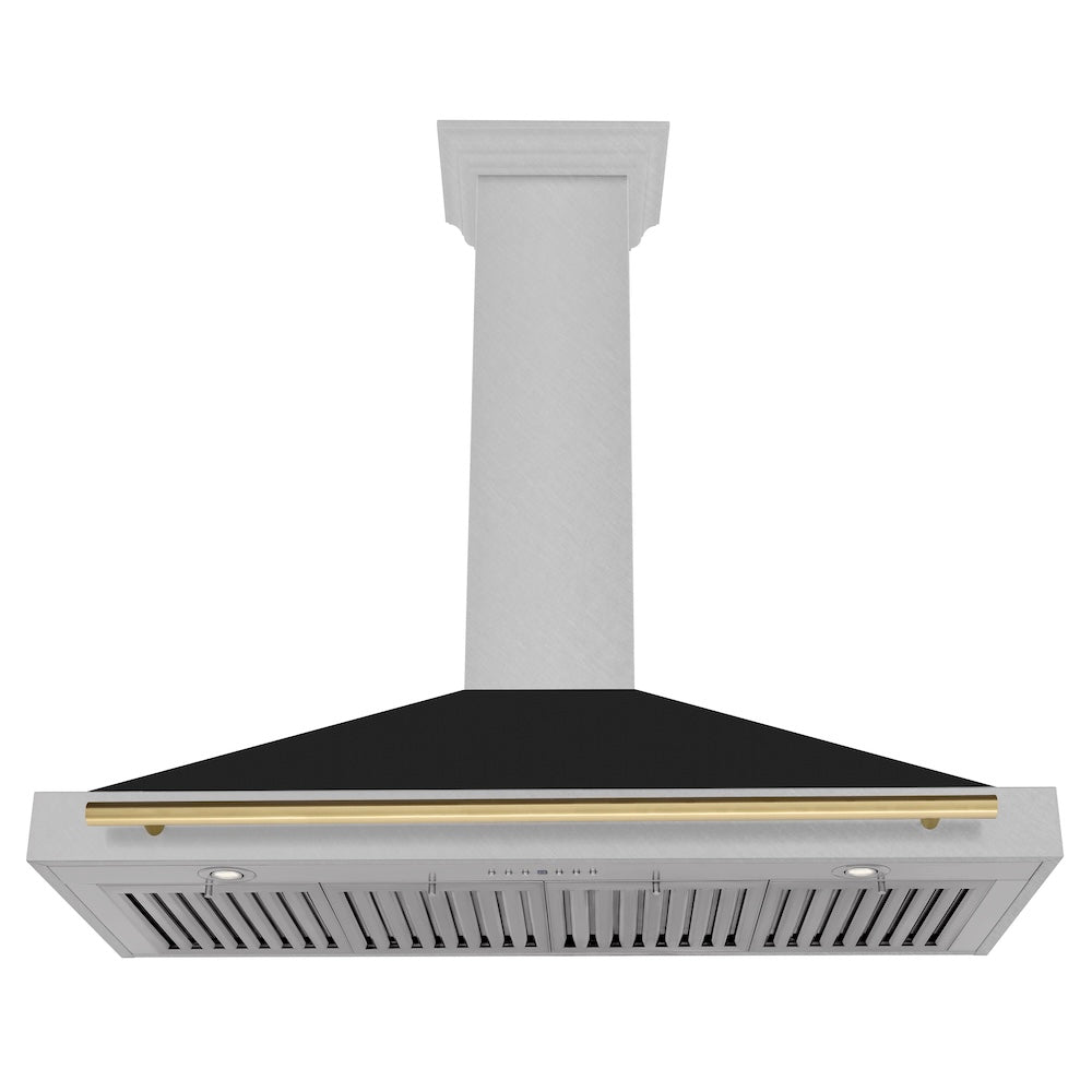 48in. Autograph Edition Convertible Fingerprint Resistant DuraSnow Stainless Steel Range Hood with Black Matte Shell and Polished Gold Handle KB4SNZBLM48G