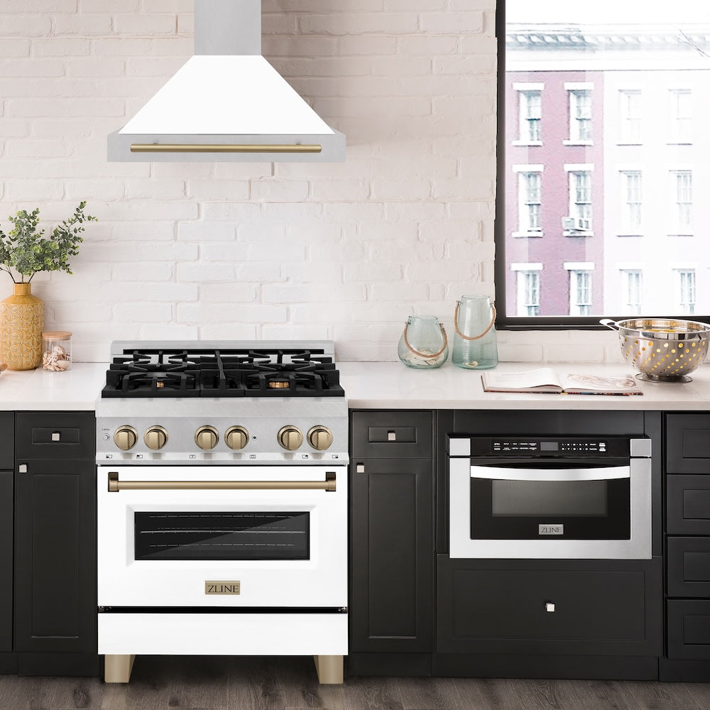 30" Autograph Edition Range Hood with White Matte Shell and Champagne Bronze Handle KB4SNZWM30CB