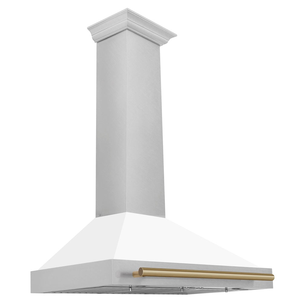 36in. Autograph Edition Convertible Fingerprint Resistant DuraSnow Stainless Steel Range Hood with White Matte Shell and Champagne Bronze Handle KB4SNZWM36CB