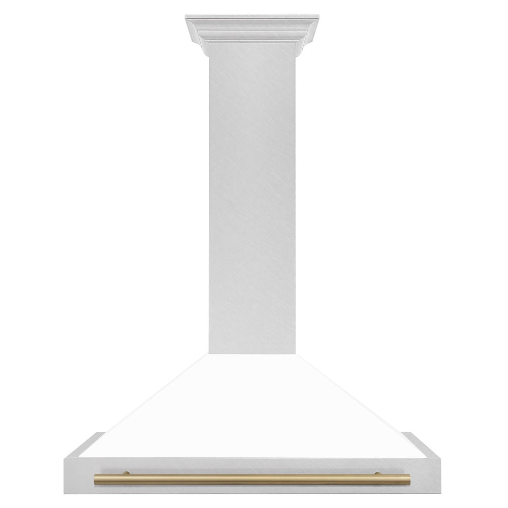 36in. Autograph Edition Convertible Fingerprint Resistant DuraSnow Stainless Steel Range Hood with White Matte Shell and Champagne Bronze Handle KB4SNZWM36CB