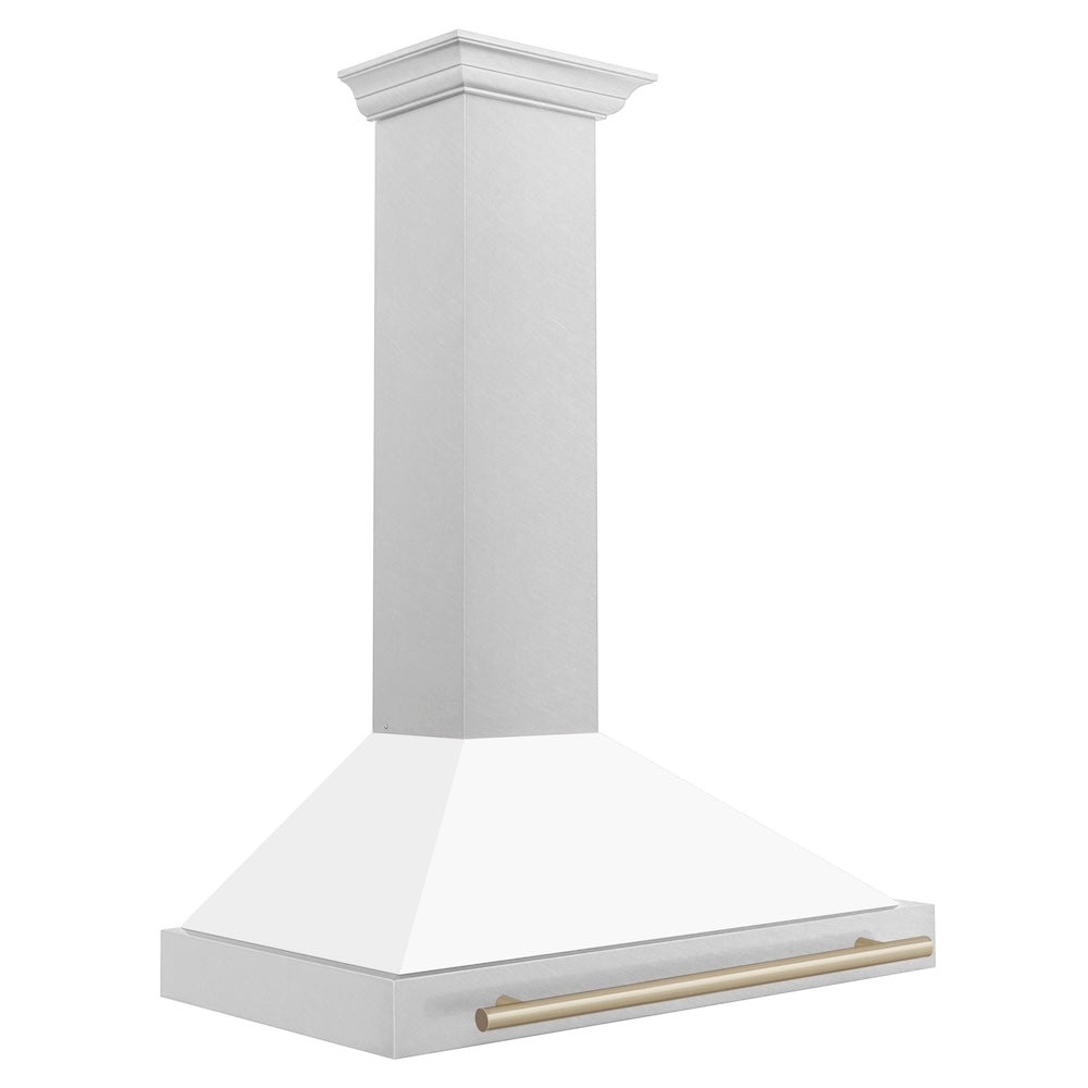 36in. Autograph Edition Convertible Fingerprint Resistant DuraSnow Stainless Steel Range Hood with White Matte Shell and Champagne Bronze Handle KB4SNZWM36CB