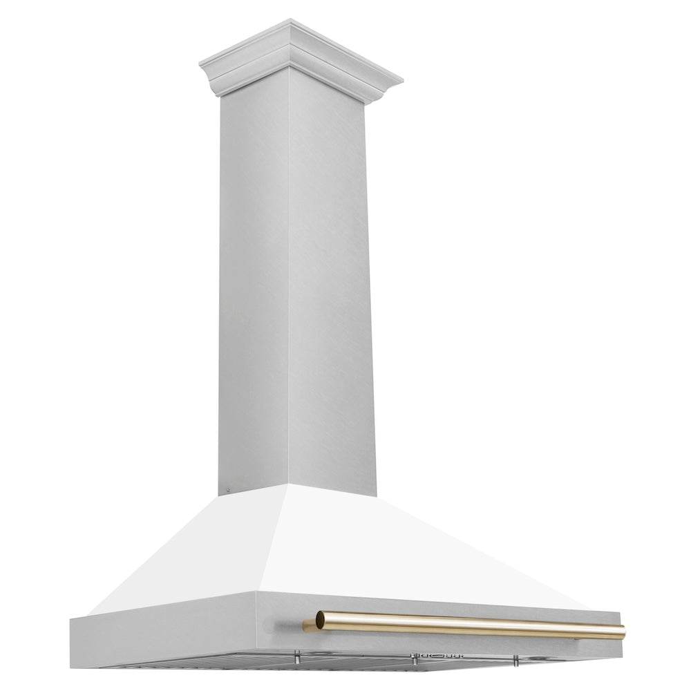 36in. Autograph Edition Convertible Fingerprint Resistant DuraSnow Stainless Steel Range Hood with White Matte Shell and Polished Polished Gold Handle KB4SNZWM36G