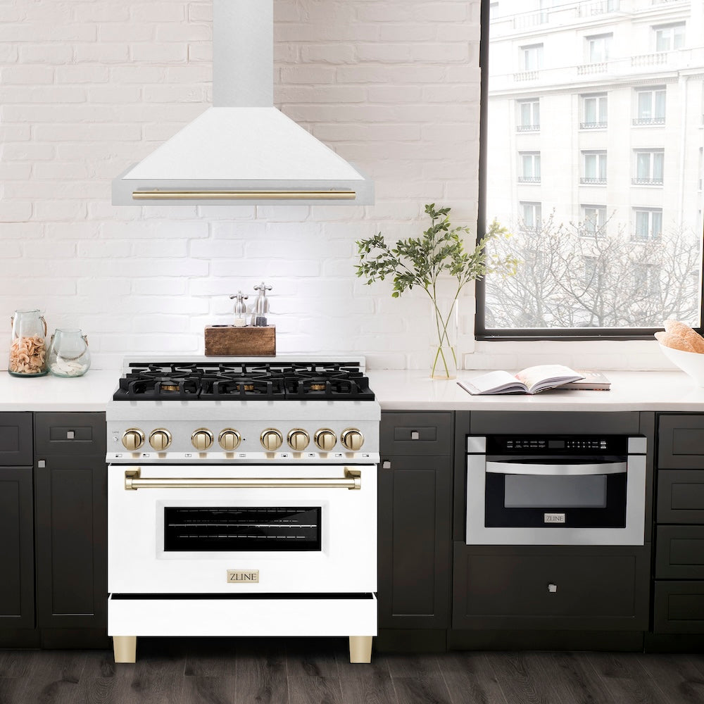 36in. Autograph Edition Convertible Fingerprint Resistant DuraSnow Stainless Steel Range Hood with White Matte Shell and Polished Polished Gold Handle KB4SNZWM36G