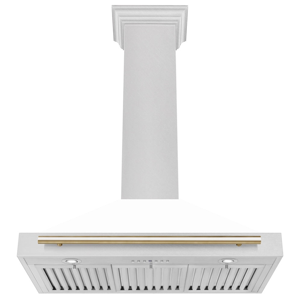 36in. Autograph Edition Convertible Fingerprint Resistant DuraSnow Stainless Steel Range Hood with White Matte Shell and Polished Polished Gold Handle KB4SNZWM36G
