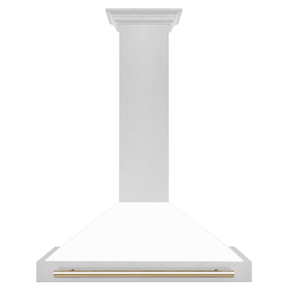 36in. Autograph Edition Convertible Fingerprint Resistant DuraSnow Stainless Steel Range Hood with White Matte Shell and Polished Polished Gold Handle KB4SNZWM36G