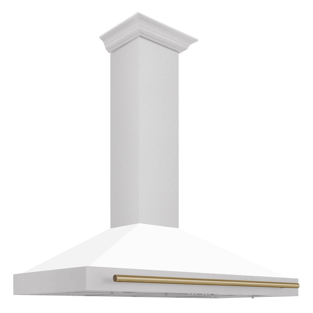48in. Autograph Edition Convertible Fingerprint Resistant DuraSnow Stainless Steel Range Hood with White Matte Shell and Champagne Bronze Handle KB4SNZWM48CB