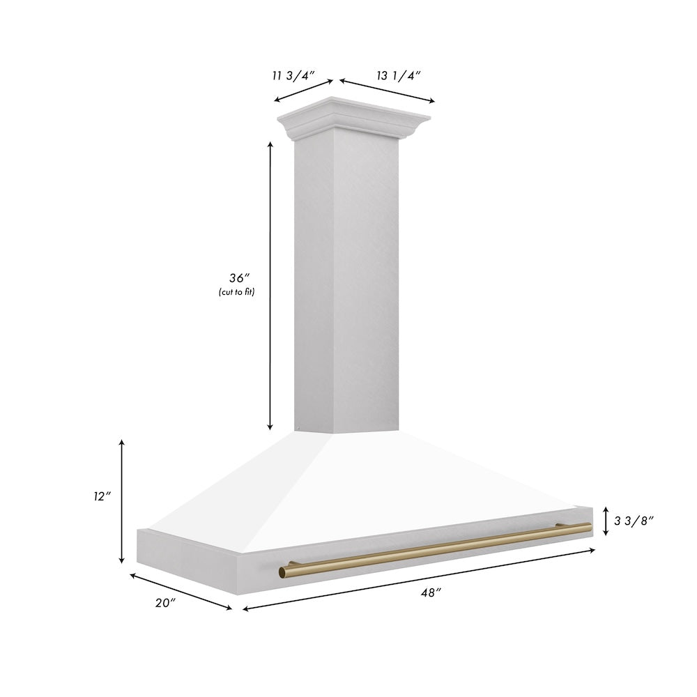 48in. Autograph Edition Convertible Fingerprint Resistant DuraSnow Stainless Steel Range Hood with White Matte Shell and Champagne Bronze Handle KB4SNZWM48CB