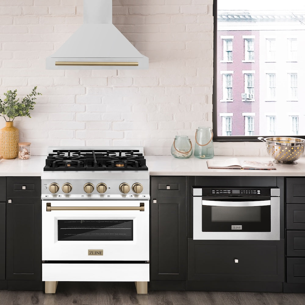 30in. Autograph Edition Convertible Stainless Steel Range Hood with Stainless Steel Shell and Champagne Bronze Accents KB4STZ30CB