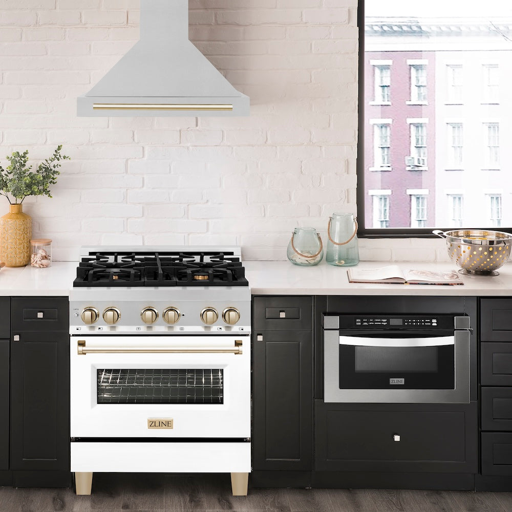 30in. Autograph Edition Convertible Stainless Steel Range Hood with Stainless Steel Shell and Polished Polished Gold Accents KB4STZ30G