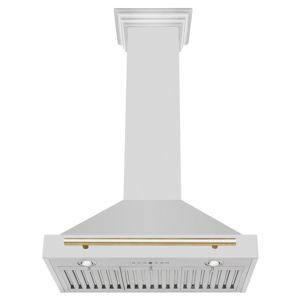 30in. Autograph Edition Convertible Stainless Steel Range Hood with Stainless Steel Shell and Polished Polished Gold Accents KB4STZ30G