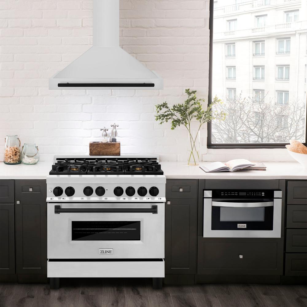 36in.Autograph Edition Convertible Stainless Steel Range Hood with Stainless Steel Shell and Matte Black Accents KB4STZ36MB