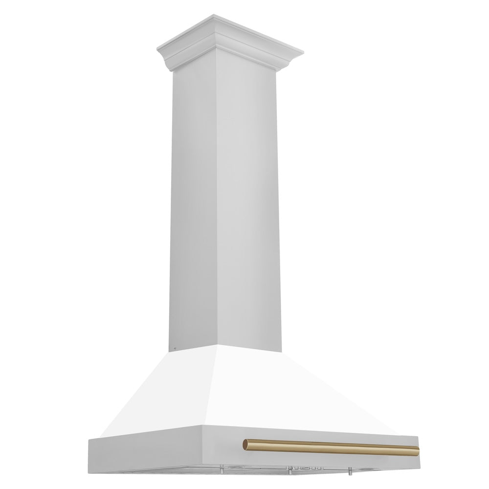 30in. Autograph Edition Convertible Stainless Steel Range Hood with White Matte Shell and Champagne Bronze Accents KB4STZWM30CB