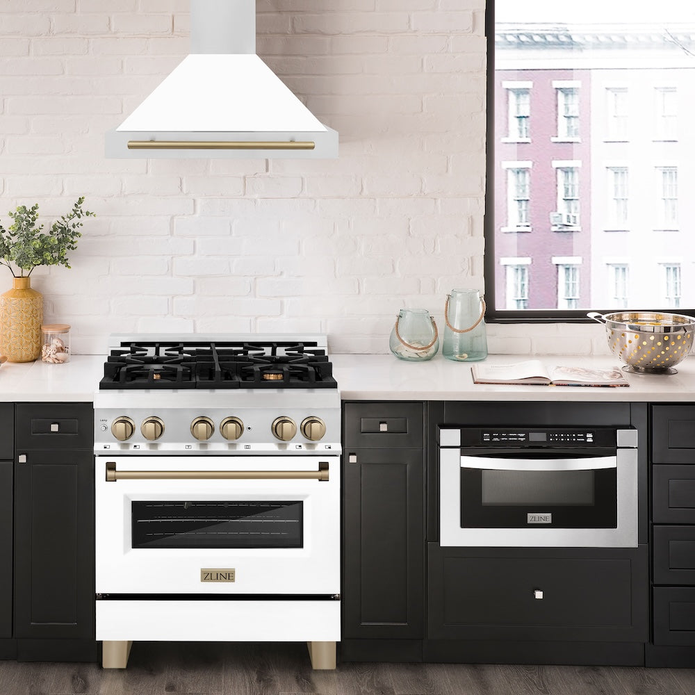 30in. Autograph Edition Convertible Stainless Steel Range Hood with White Matte Shell and Champagne Bronze Accents KB4STZWM30CB