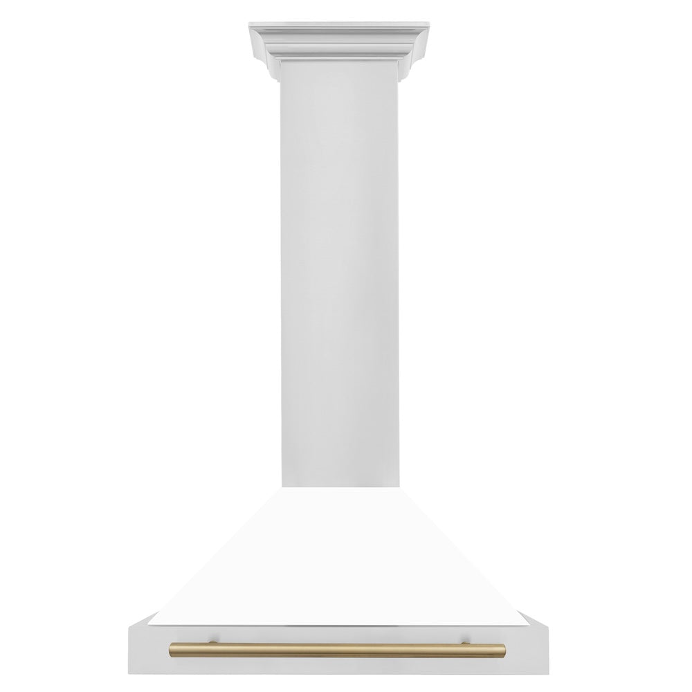 30in. Autograph Edition Convertible Stainless Steel Range Hood with White Matte Shell and Champagne Bronze Accents KB4STZWM30CB