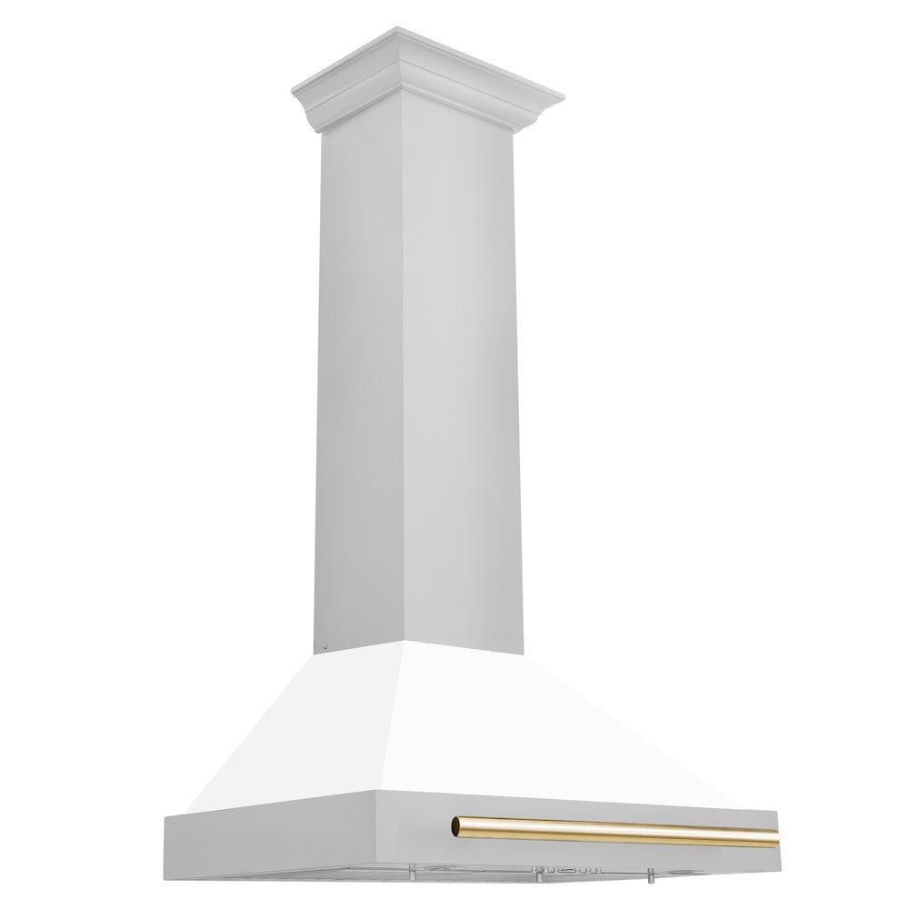 30in. Autograph Edition Convertible Stainless Steel Range Hood with White Matte Shell and Polished Polished Gold Accents KB4STZWM30G