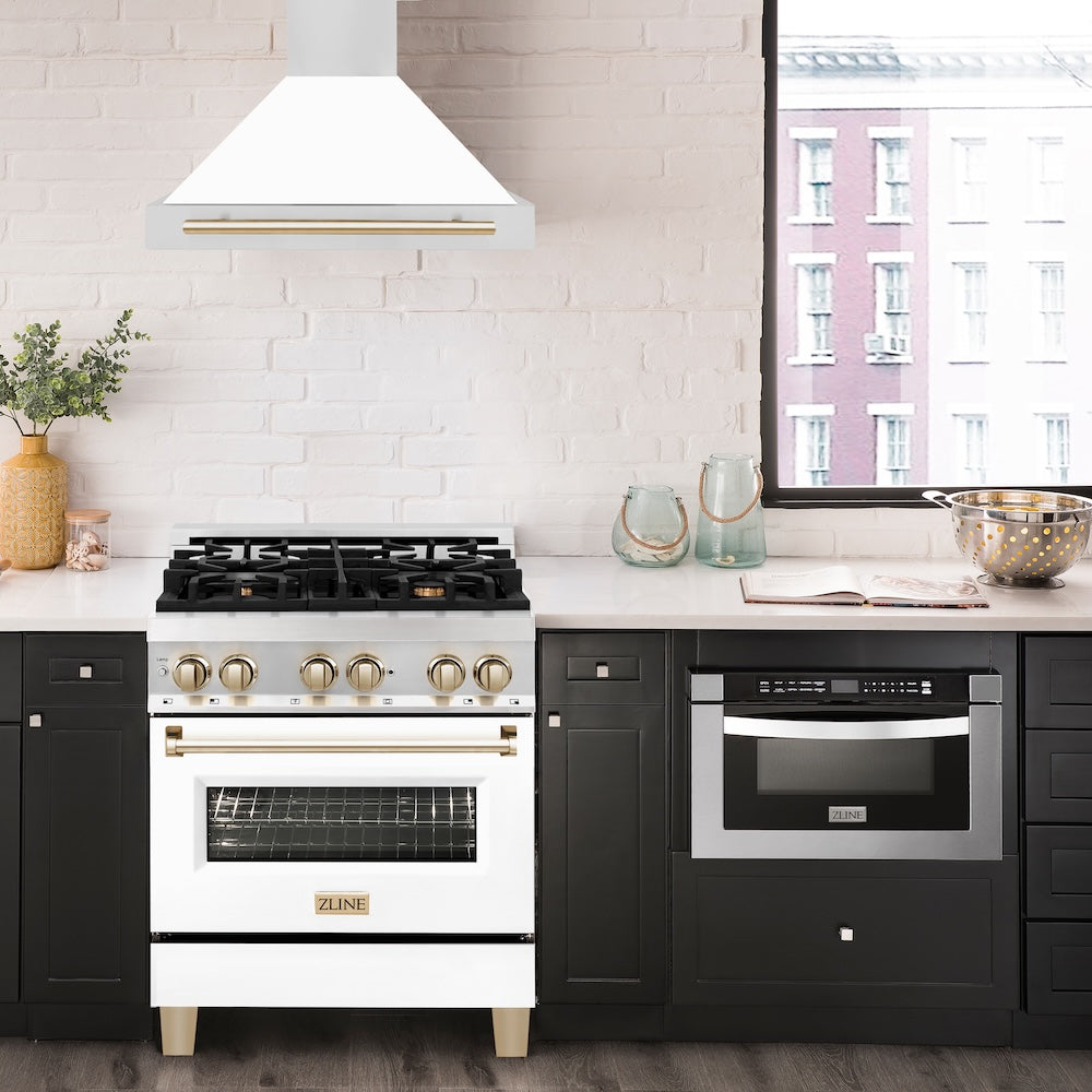 30in. Autograph Edition Convertible Stainless Steel Range Hood with White Matte Shell and Polished Polished Gold Accents KB4STZWM30G