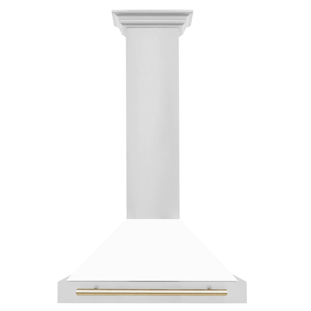 30in. Autograph Edition Convertible Stainless Steel Range Hood with White Matte Shell and Polished Polished Gold Accents KB4STZWM30G