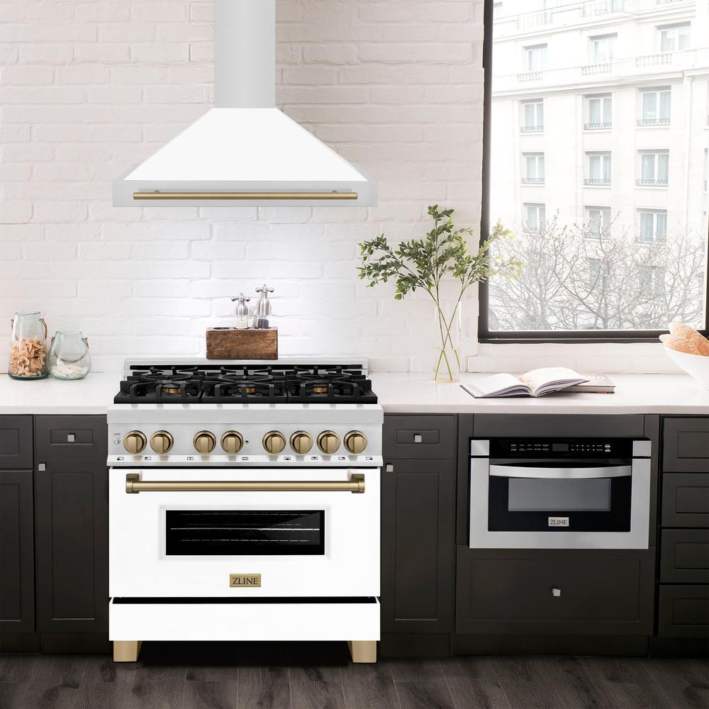 36in. Autograph Edition Convertible Stainless Steel Range Hood with White Matte Shell and Champagne Bronze Accents KB4STZWM36CB