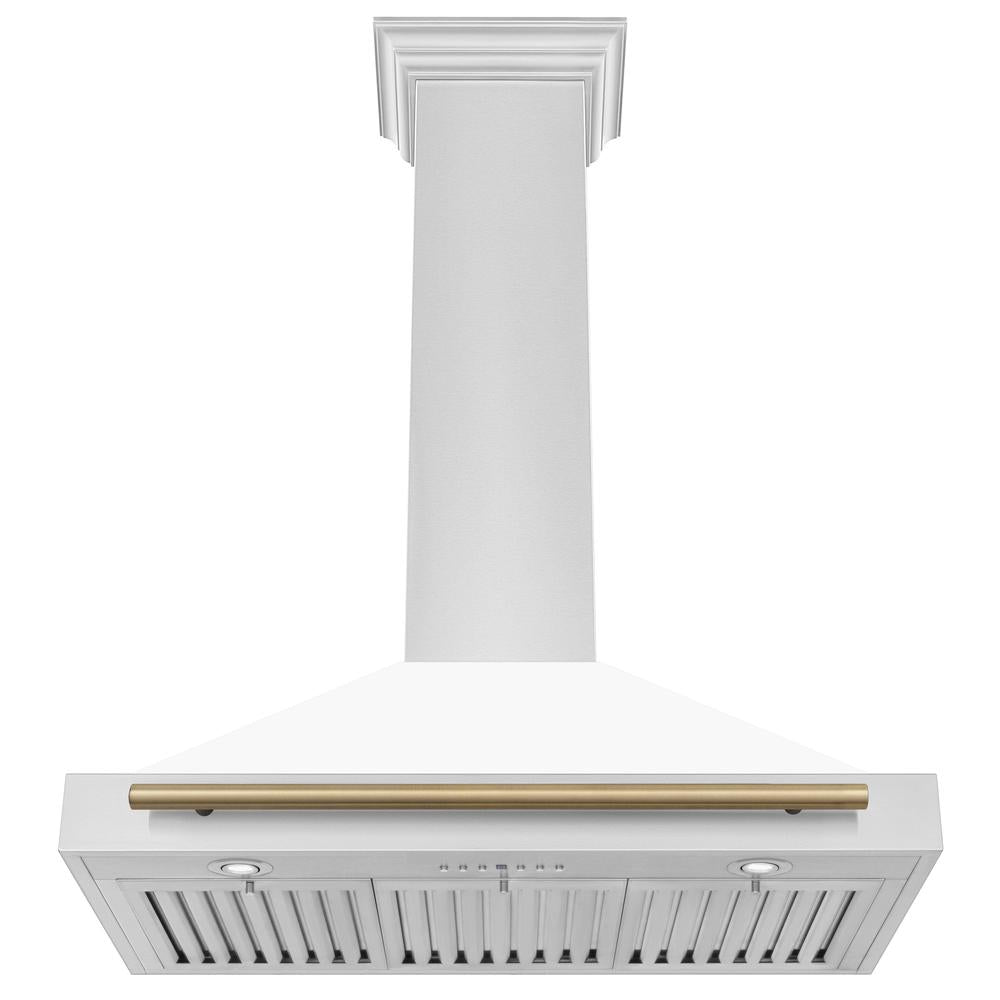36in. Autograph Edition Convertible Stainless Steel Range Hood with White Matte Shell and Champagne Bronze Accents KB4STZWM36CB
