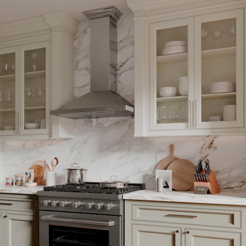 36" Convertible Vent Wall Mount Range Hood with Crown Molding KBCRN36