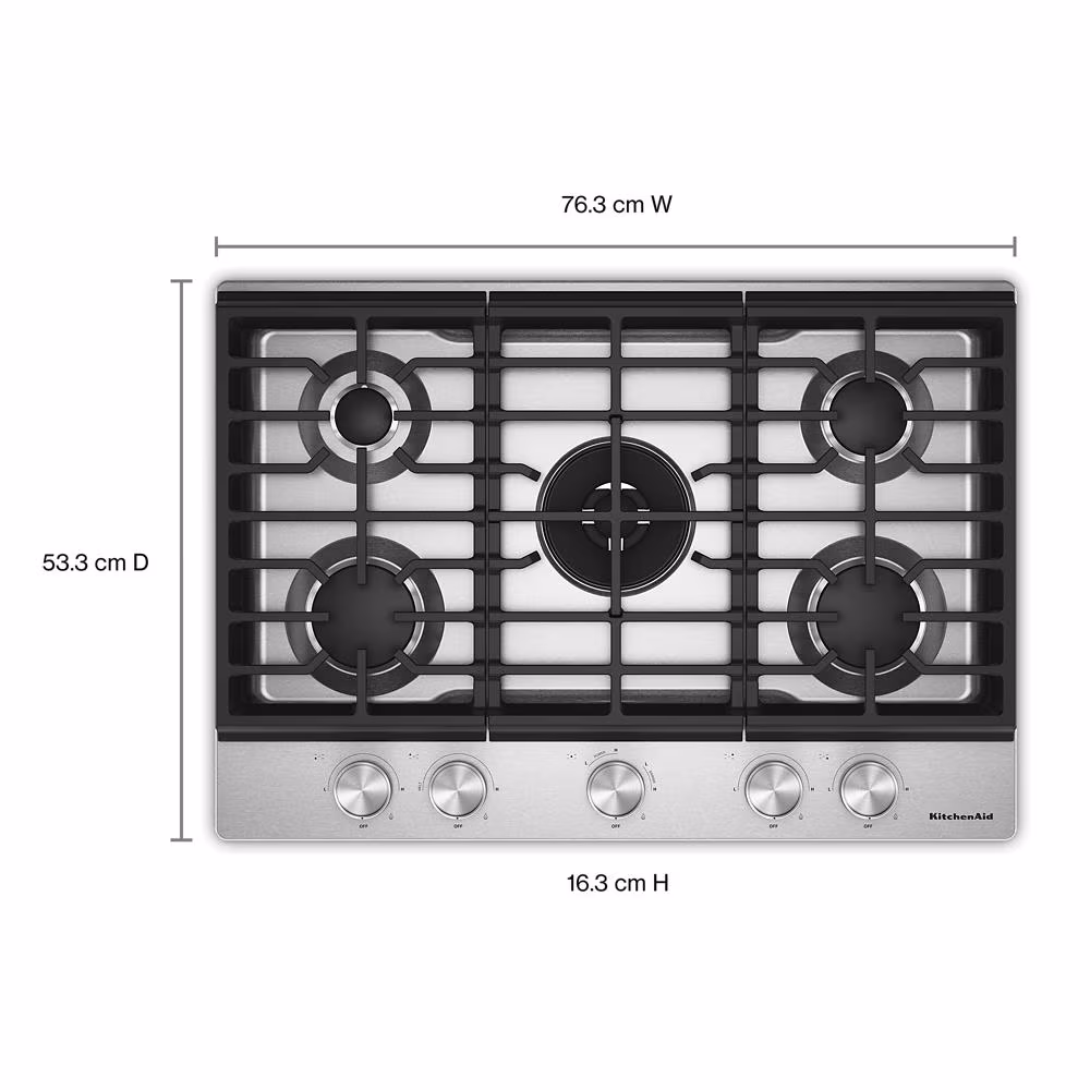 30 in. Gas Cooktop with 5 Burners, Integrated Wok Grate and CookShield™ Finish KCGK730SSS