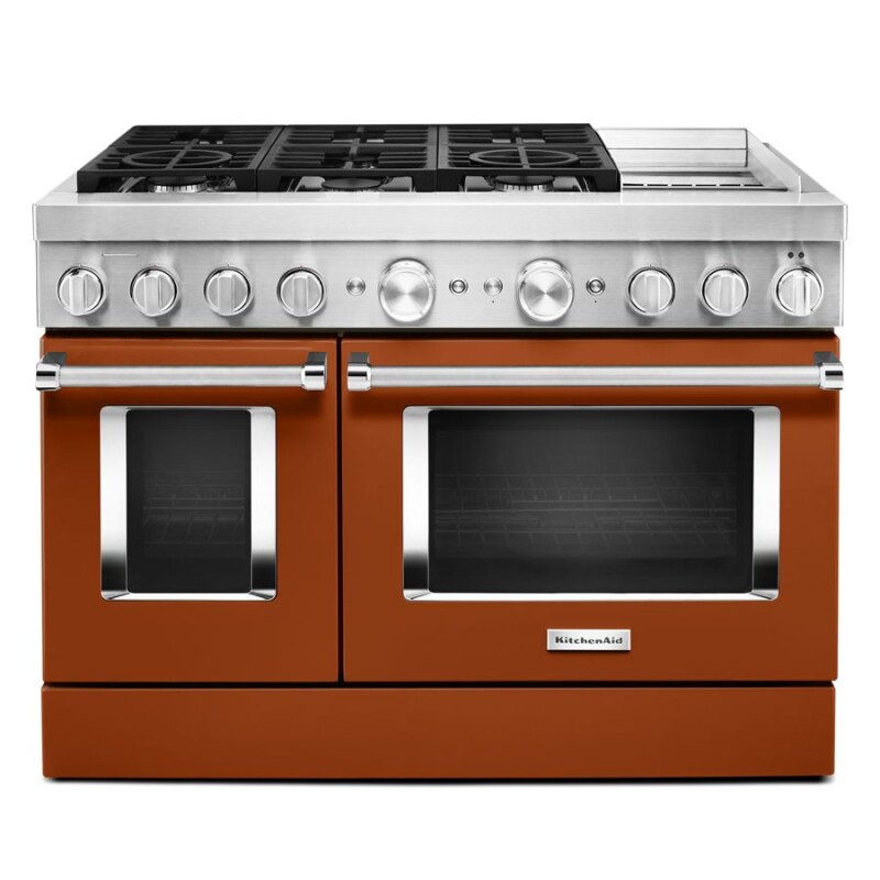 KitchenAid 48'' Smart Commercial-Style Dual Fuel Range with Griddle Scorched Orange KFDC558JSC Picture 1
