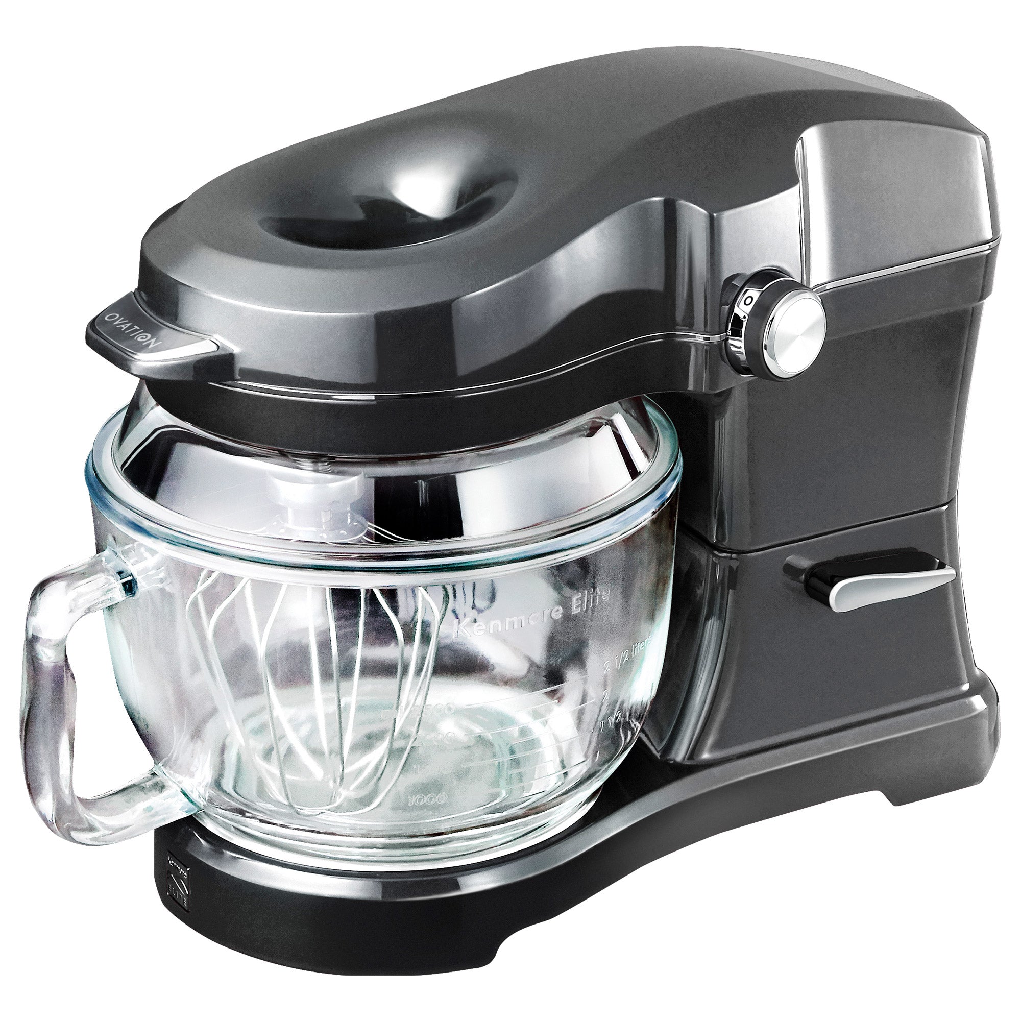 Kenmore Elite Ovation 5 Qt Stand Mixer, 500 Watt 10-Speed Motor, Revolutionary Pour-In Top, Tilt Head, Beater, Whisk, Dough Hook, Planetary Mixing, 360-Degree Splash Guard, Glass Bowl with Lid, Gray Gray KKEOVSMG Picture 1