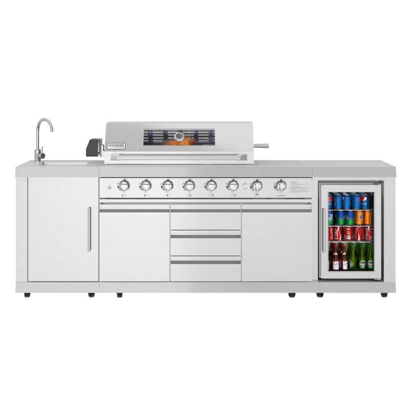 Reserve Outdoor Kitchen Island with 6 Burner Grill and Side Burner, Sink, Storage Cabinet and Beverage Refrigerator in Stainless-Steel KMOKSBQHUB