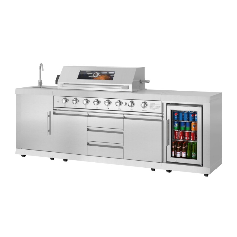 Reserve Outdoor Kitchen Island with 6 Burner Grill and Side Burner, Sink, Storage Cabinet and Beverage Refrigerator in Stainless-Steel KMOKSBQHUB