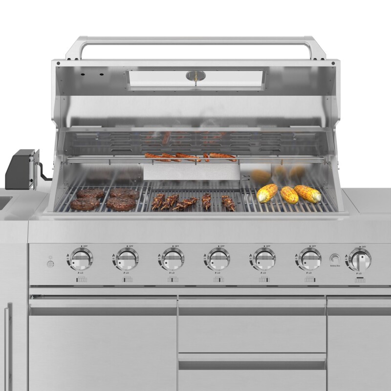 Reserve Outdoor Kitchen Island with 6 Burner Grill and Side Burner, Sink, Storage Cabinet and Beverage Refrigerator in Stainless-Steel KMOKSBQHUB