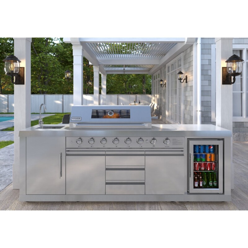 Reserve Outdoor Kitchen Island with 6 Burner Grill and Side Burner, Sink, Storage Cabinet and Beverage Refrigerator in Stainless-Steel KMOKSBQHUB